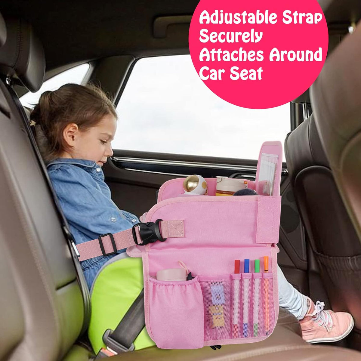 MENZOKE Kids Travel Tray for Toddler Car Seat, Road Trip Activities for Kids with iPad Holder Stand & Dry Erase Board, Road Trip Essentials Accessories Lap Tray as Travel Gifts for Kid, Pink