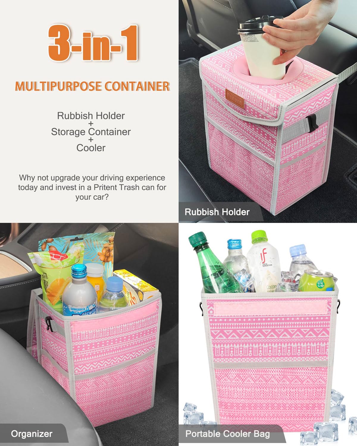 Pritent Car Trash Can with Lid, Cute Leakproof Car Trash Garbage Bag Hanging Vehicle Trash Bin Small Portable Automotive Garbage Cans Organizer for Back/Front Seat/Console(Trapezoid,Black)