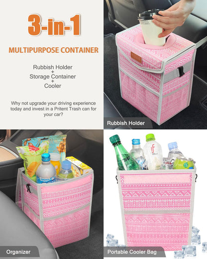 Pritent Car Trash Can with Lid, Cute Leakproof Car Trash Garbage Bag Hanging Vehicle Trash Bin Small Portable Automotive Garbage Cans Organizer for Back/Front Seat/Console(Trapezoid,Black)
