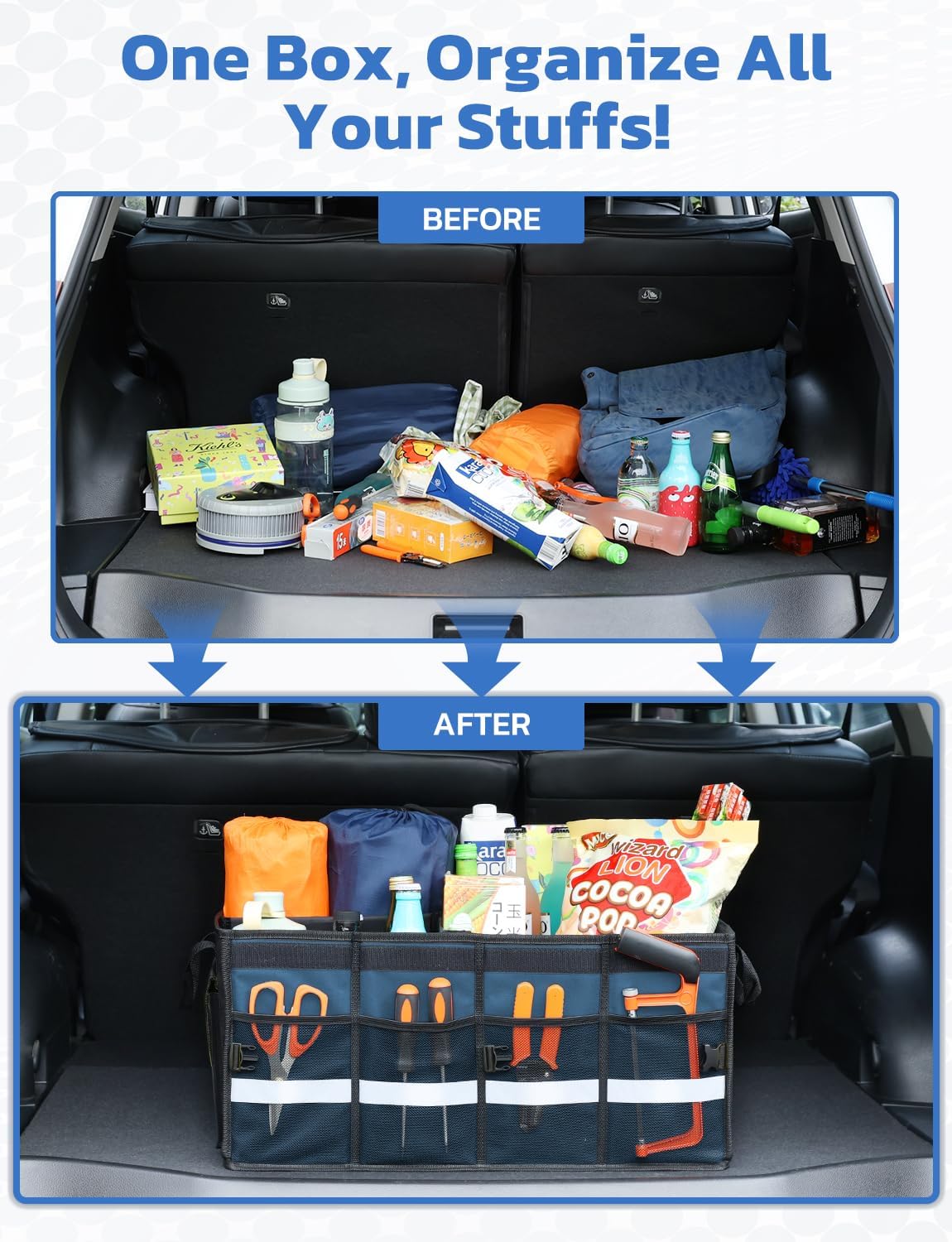 Oasser Car Trunk Organizer, 3 Compartments Collapsible Waterproof Car Organizer Storage with Foldable Cover, Reflective Strip, Non-Slip Bottom, 4 Mesh Pockets for SUV/Truck/Sedan/Camping/Road Trip