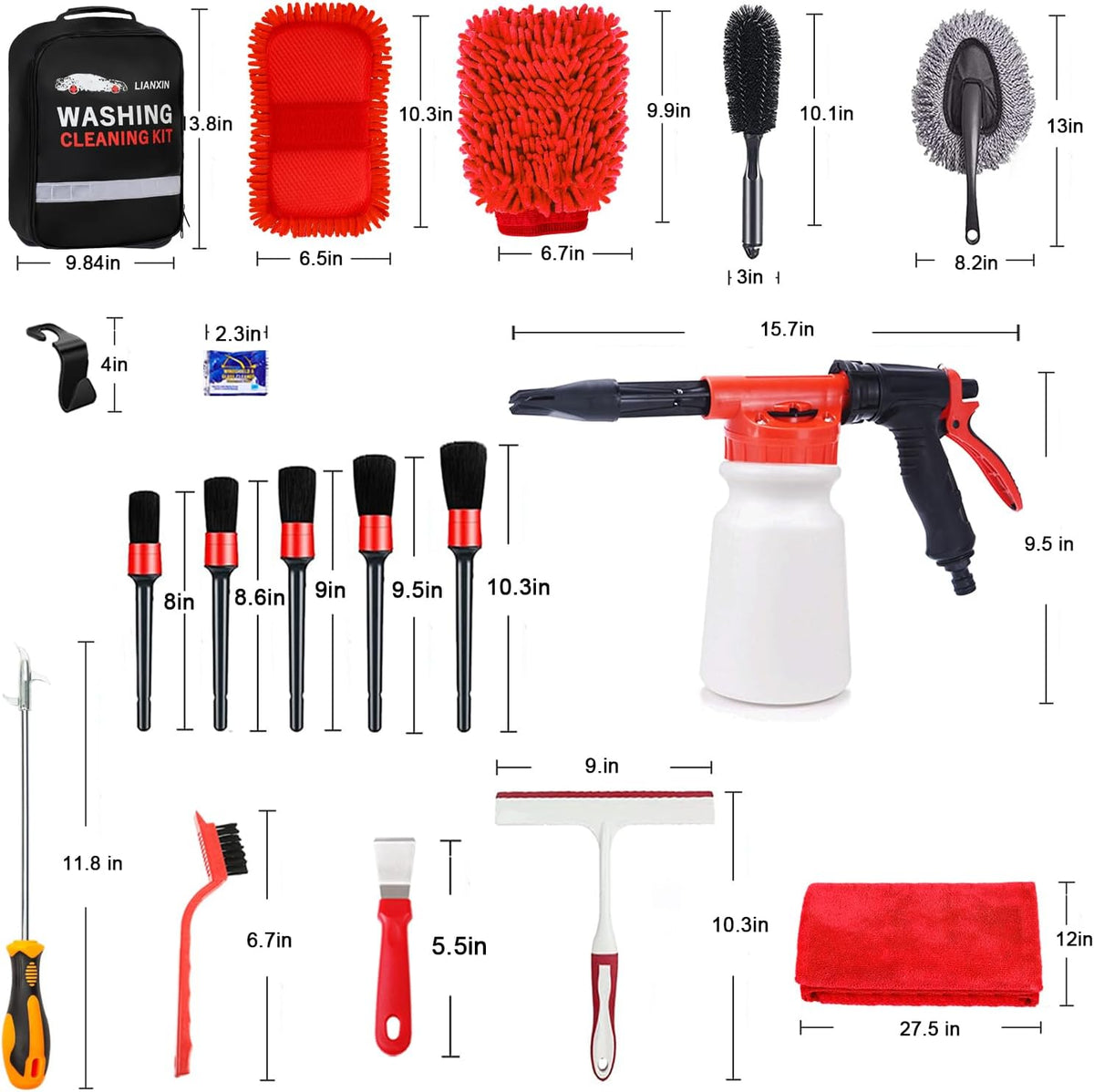 LIANXIN Car Wash Kit Car Wash Cleaning Kit with Car Wash Foam Gun Microfiber Sponge and Towels Tire Brush Built, Car Foam Gun, Car Cleaning Tool