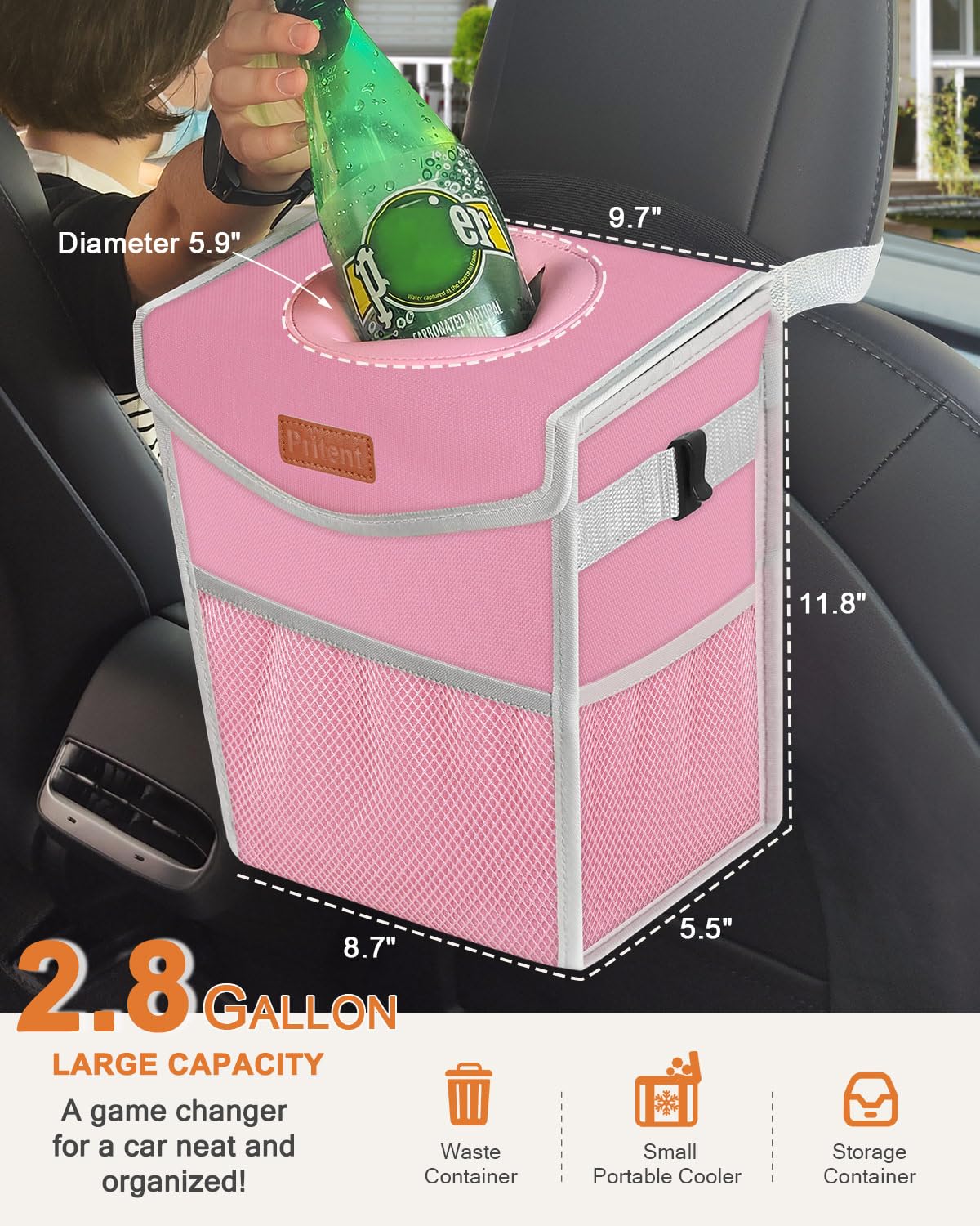 Pritent Car Trash Can with Lid, Cute Leakproof Car Trash Garbage Bag Hanging Vehicle Trash Bin Small Portable Automotive Garbage Cans Organizer for Back/Front Seat/Console(Trapezoid,Black)