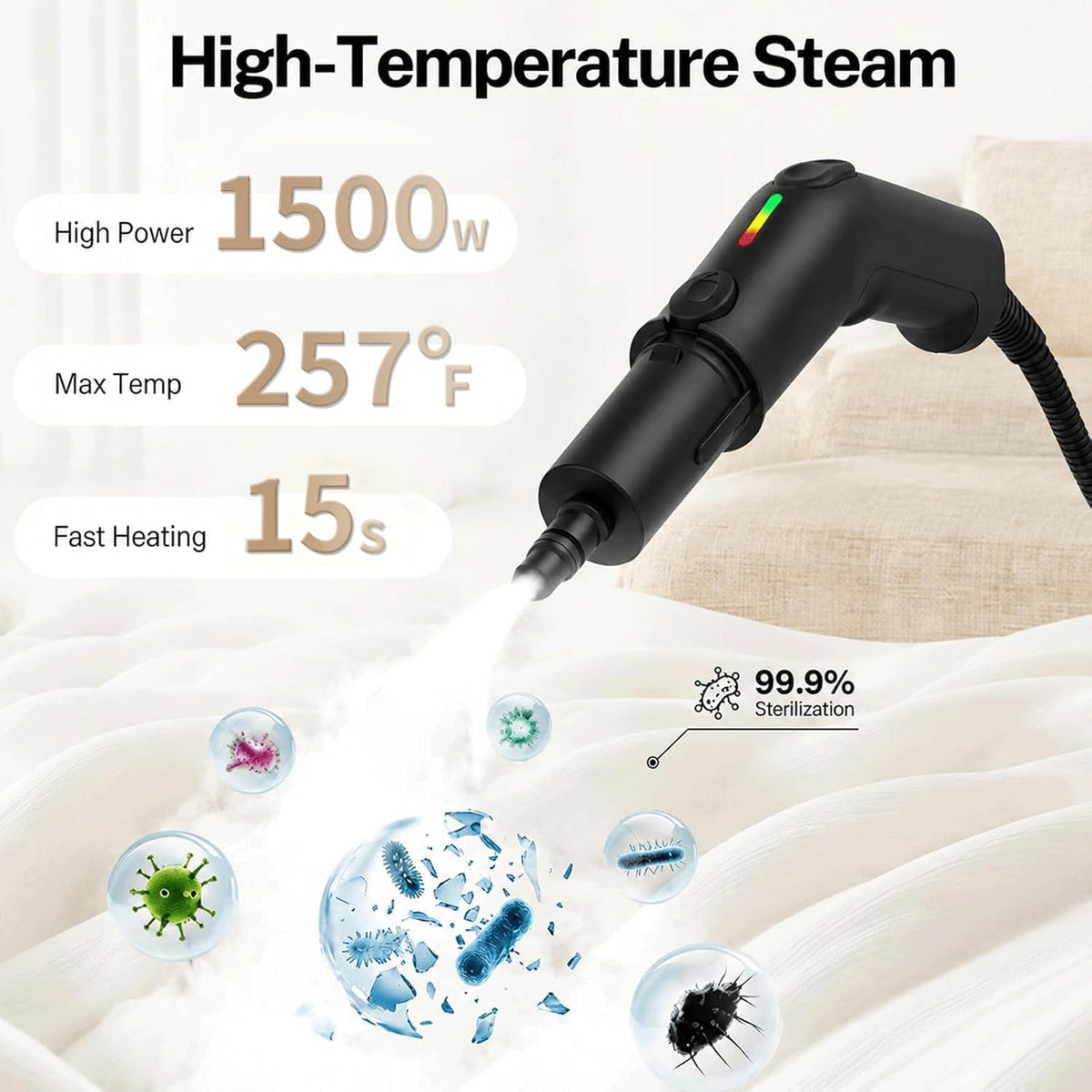 Steam Cleaner, 3 Level Adjustable Pressurized Steam Cleaner for Home, 15s Heat-Up Handheld Steamer for Cleaning, 1.9 Qt Tank Portable Steam Cleaner for Car, Home, Tile, Grout, Rose Gold