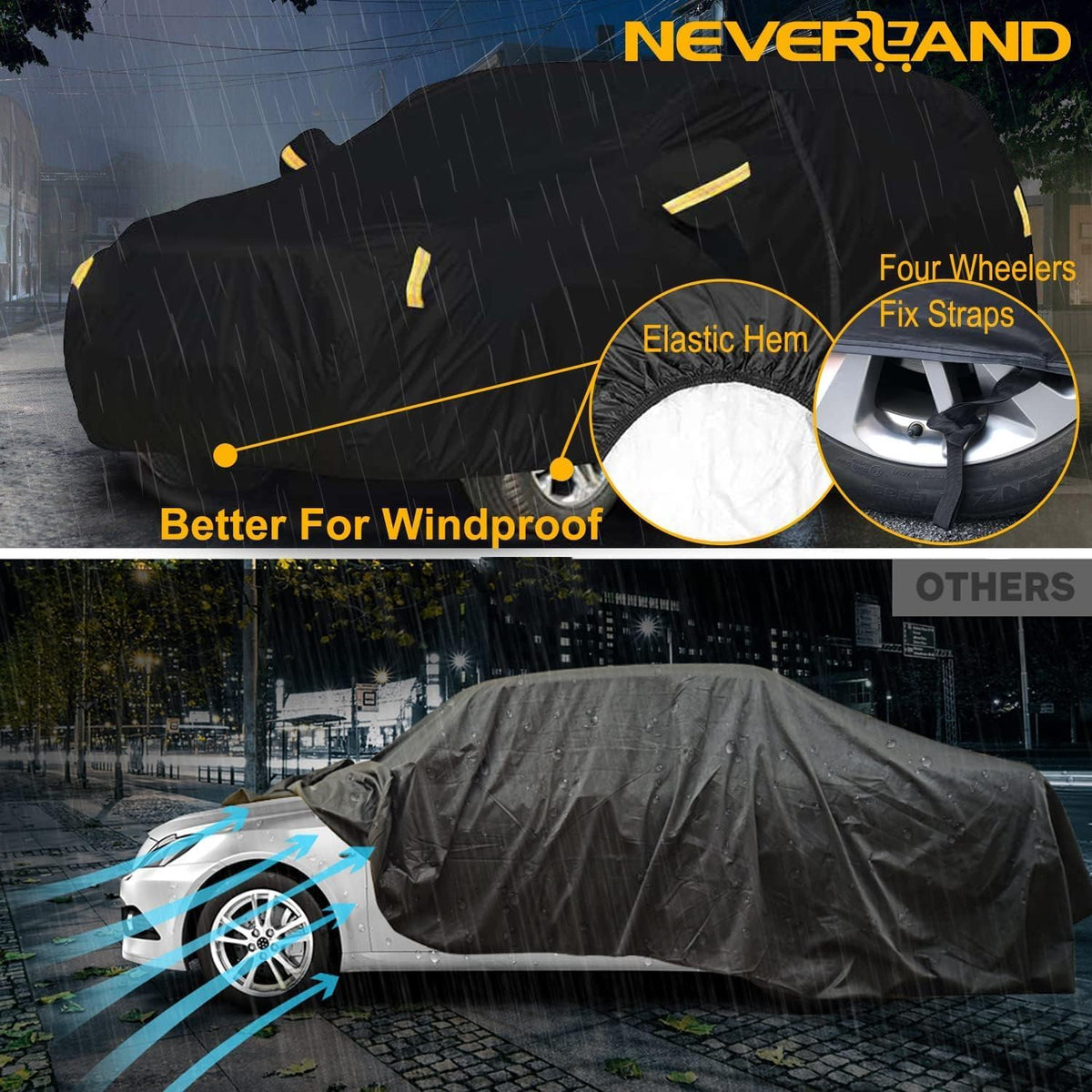 NEVERLAND Sedan Car Cover Waterproof Heavy Duty All Weather Protection Snow Anti-UV Windproof Outdoor Full Car Cover Fit for Automobiles BMW/Mercedes-Benz/Honda（for Car Size:183''L x 70''W x 59''H）