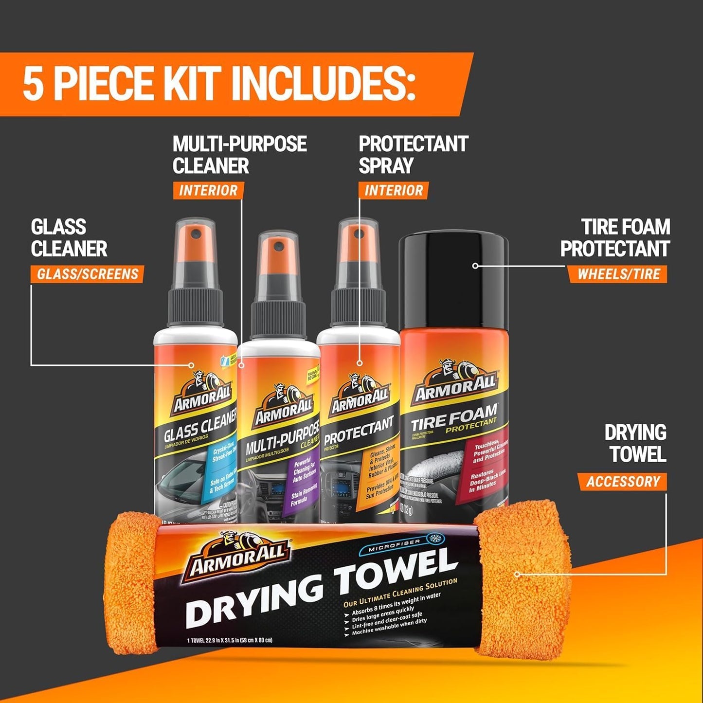 Armor All 5-Piece Complete Car Care Kit - All-in-One Interior & Exterior Cleaner, Tire Foam, Glass Spray & UV Protectant, Gift for Car Lovers