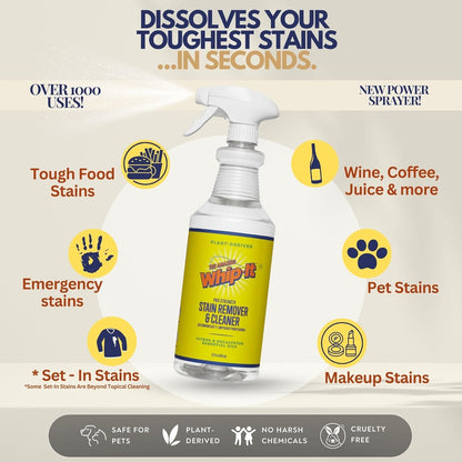 Whip It Cleaner, Multi Purpose Stain Remover Professional Strength Spray, Plant Based Enzyme Cleaner, Cleaning Food, Coffee, Wine, Baby Stains, Pet Stains, Over 500 uses, Made in USA, 32 OZ