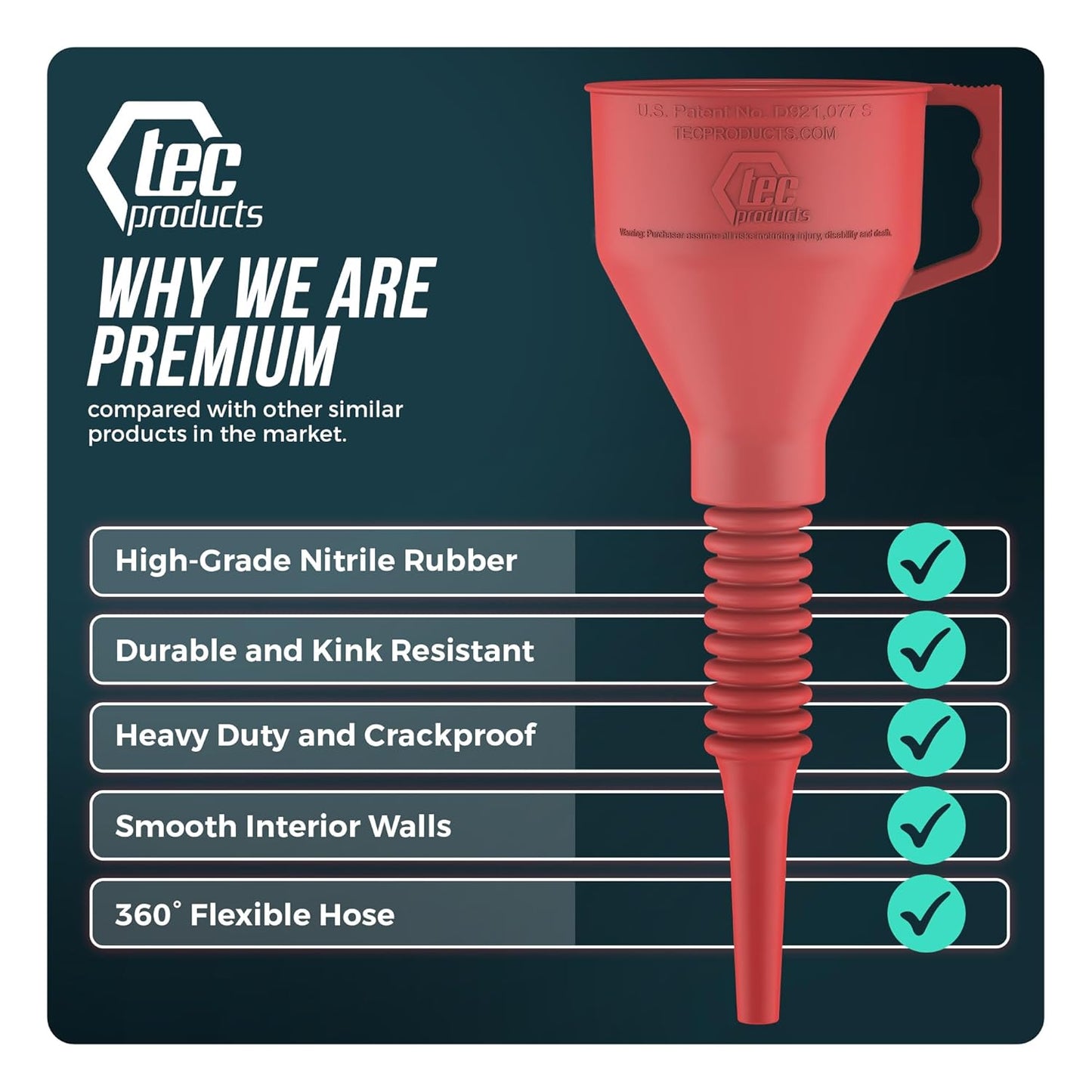 TEC Products FlexAll Long Flexible Funnels - Automotive Oil Funnel with Hose, Durable Nitrile Rubber for Oil Change, Transmission Funnel Fluid, Diesel, Fuel, Gas - Made in USA - Red (16 x 5 Inches)
