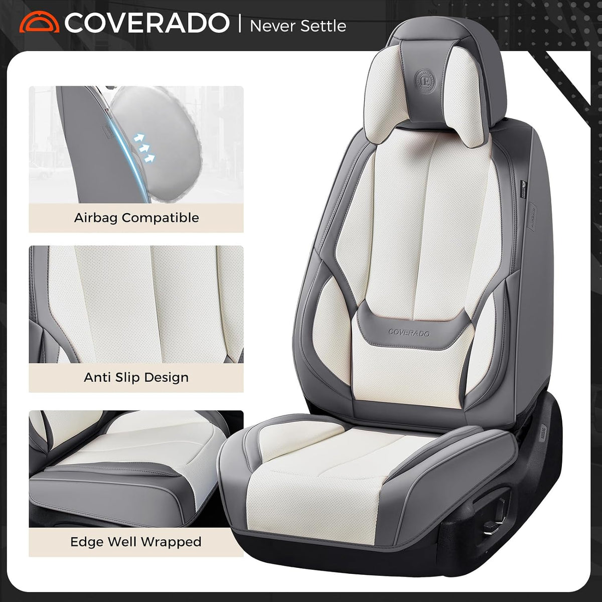 Coverado Seat Covers Full Set, Black Seat Covers for Cars 5 Seats, Car Seat Protector, Waterproof Nappa Leather Car Seat Cushion, Front and Rear Car Seat Cover Fit for Most Sedans SUV Pick-up Truck - Colors B