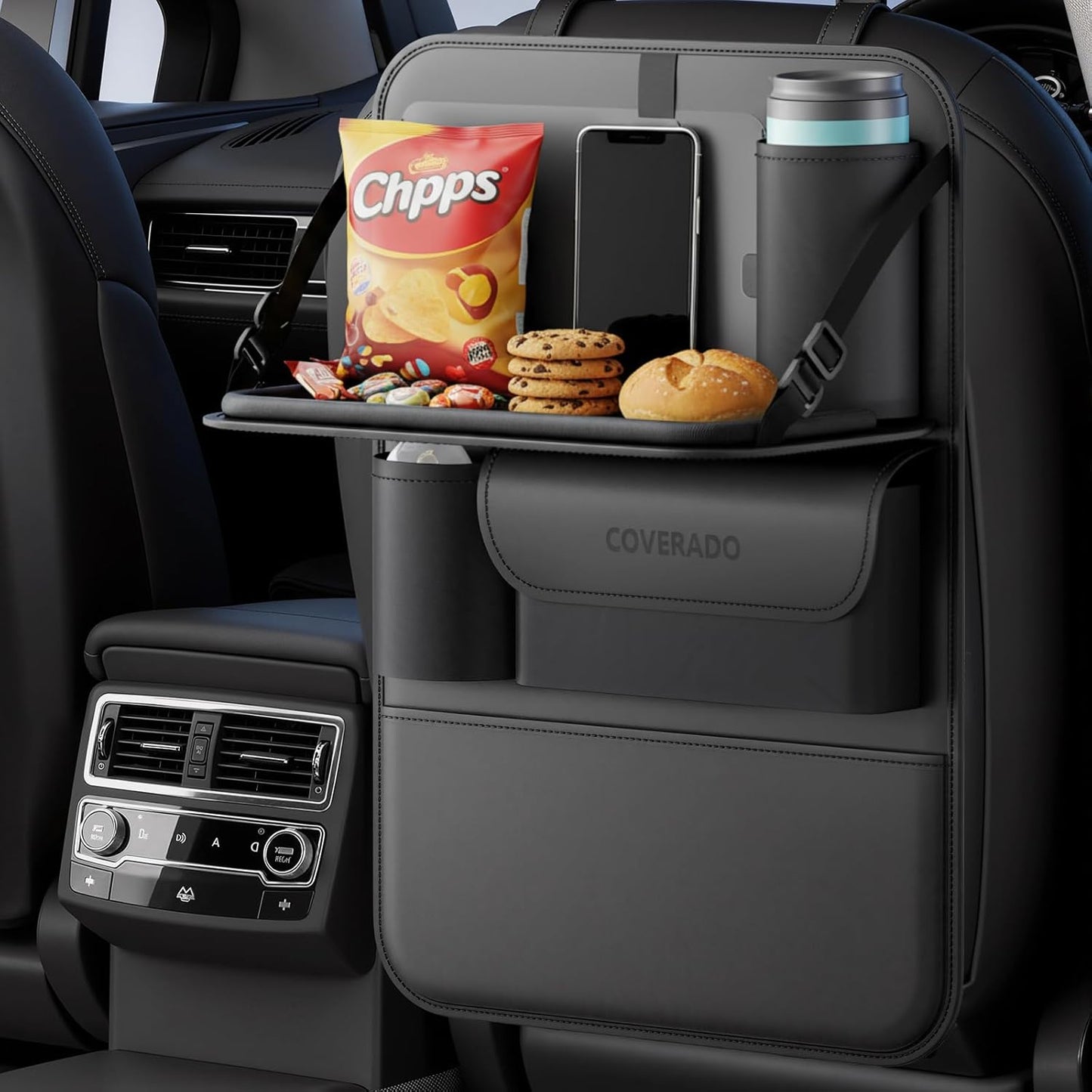 Coverado Car Backseat Organizer(2 Packs) with Tablet Tray, Nappa Leather Organizer for Car Seat Back, Waterproof Car Seat Organizer with Touch Screen, Seat Protector Kick Mats for Kids