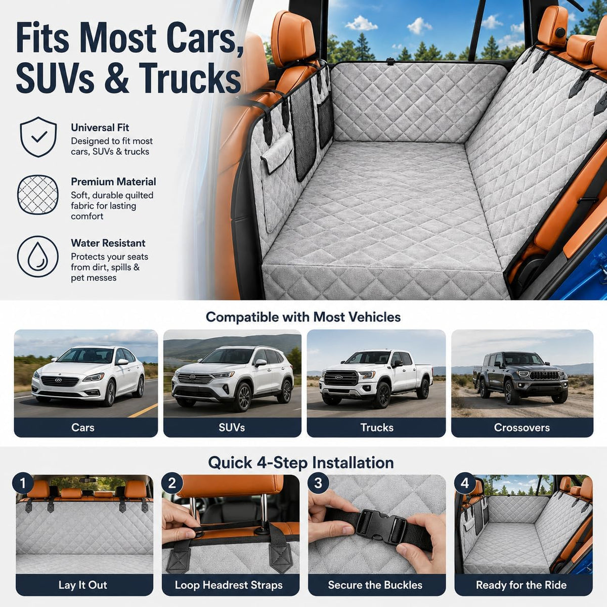 IJVAE Dog Seat Cover for Back Seat, Hard Bottom Back Seat Extender Holds 500 lbs, Waterproof & Nonslip Car Hammock for Large Pets, Comfortable Travel Seat Protector for SUV and Sedan