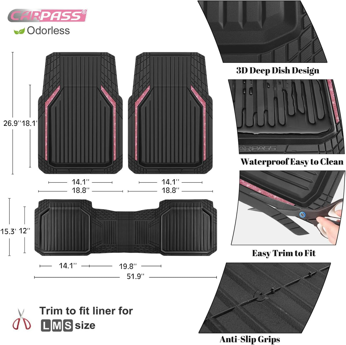 CAR PASS Heavy Duty Rubber Floor Mats for Car, Waterproof Liner Deep Dish Car Mats Full Sets, Universal Trim to Fit for SUV Truck Sedans Vans, All Weather Automotive Floor Mats 3pcs, Solid Black