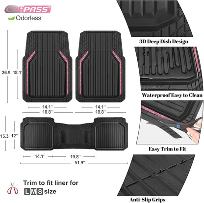 CAR PASS Heavy Duty Rubber Floor Mats for Car, Waterproof Liner Deep Dish Car Mats Full Sets, Universal Trim to Fit for SUV Truck Sedans Vans, All Weather Automotive Floor Mats 3pcs, Solid Black