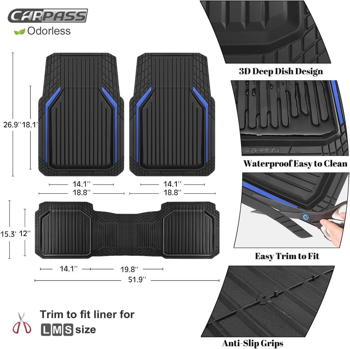 CAR PASS Heavy Duty Rubber Floor Mats for Car, Waterproof Liner Deep Dish Car Mats Full Sets, Universal Trim to Fit for SUV Truck Sedans Vans, All Weather Automotive Floor Mats 3pcs, Solid Black