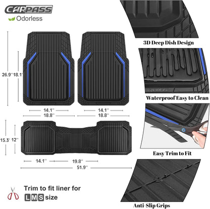 CAR PASS Heavy Duty Rubber Floor Mats for Car, Waterproof Liner Deep Dish Car Mats Full Sets, Universal Trim to Fit for SUV Truck Sedans Vans, All Weather Automotive Floor Mats 3pcs, Solid Black
