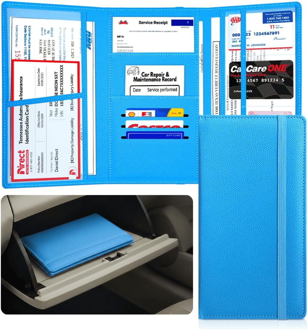 LINTRU Car Registration and Insurance Holder Trifold, Oversized Fit with Reinforced Construction, Matte PU Leather Vehicle Glove Box Organizer for Documents, Car Accessories for Men and Women