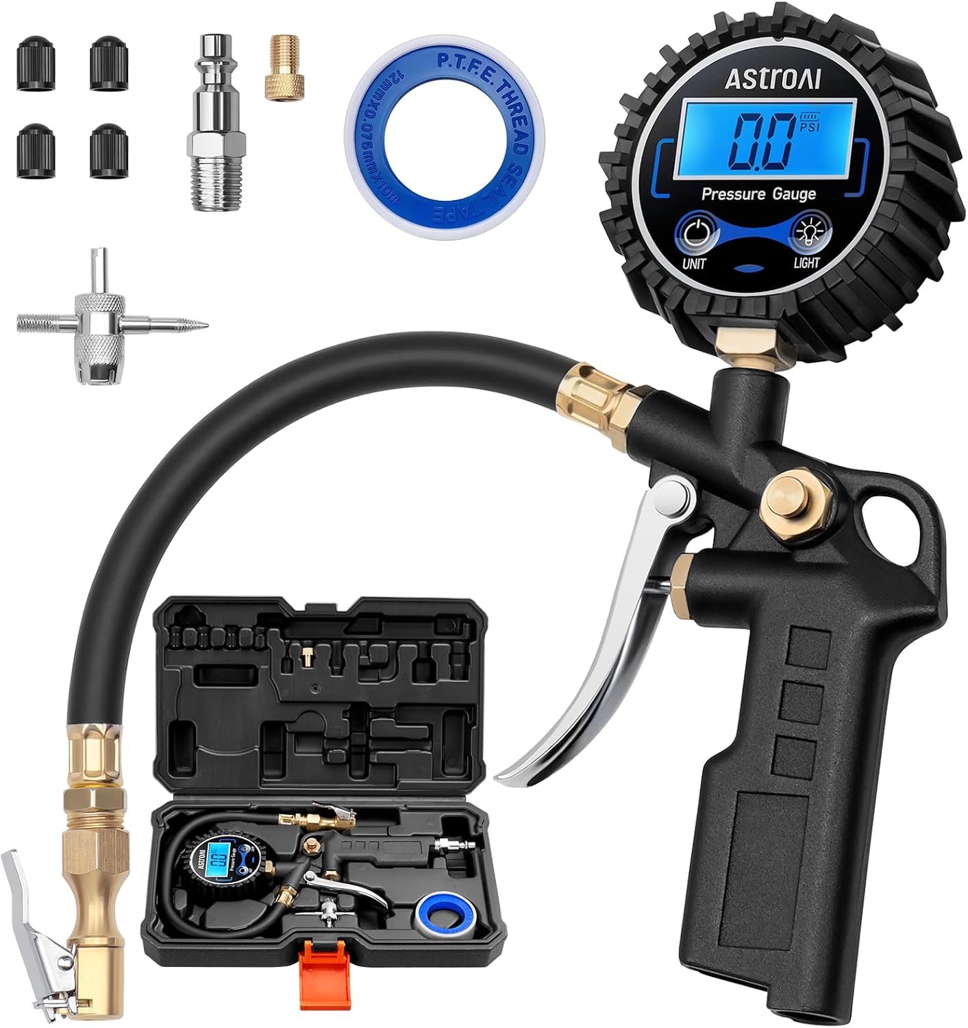 AstroAI Digital Tire Pressure Gauge with Inflator, 3-250 PSI Air Chuck & Compressor Accessories Heavy Duty with Quick Connect Coupler, 0.1 Display Resolution, 1Pack Standard