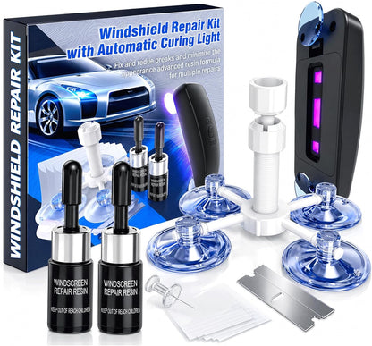 Windshield Repair Kit, Windshield Chip Repair Kit, 2 Pack Automotive Glass Crack Repair Tool with Suction Cup & UV Curing Light, Nano Fluid Windscreen Repair Set, Windshield Repair Kit（Lightblue）