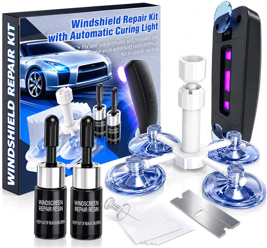Windshield Repair Kit, Windshield Chip Repair Kit, 2 Pack Automotive Glass Crack Repair Tool with Suction Cup & UV Curing Light, Nano Fluid Windscreen Repair Set, Windshield Repair Kit（Lightblue）