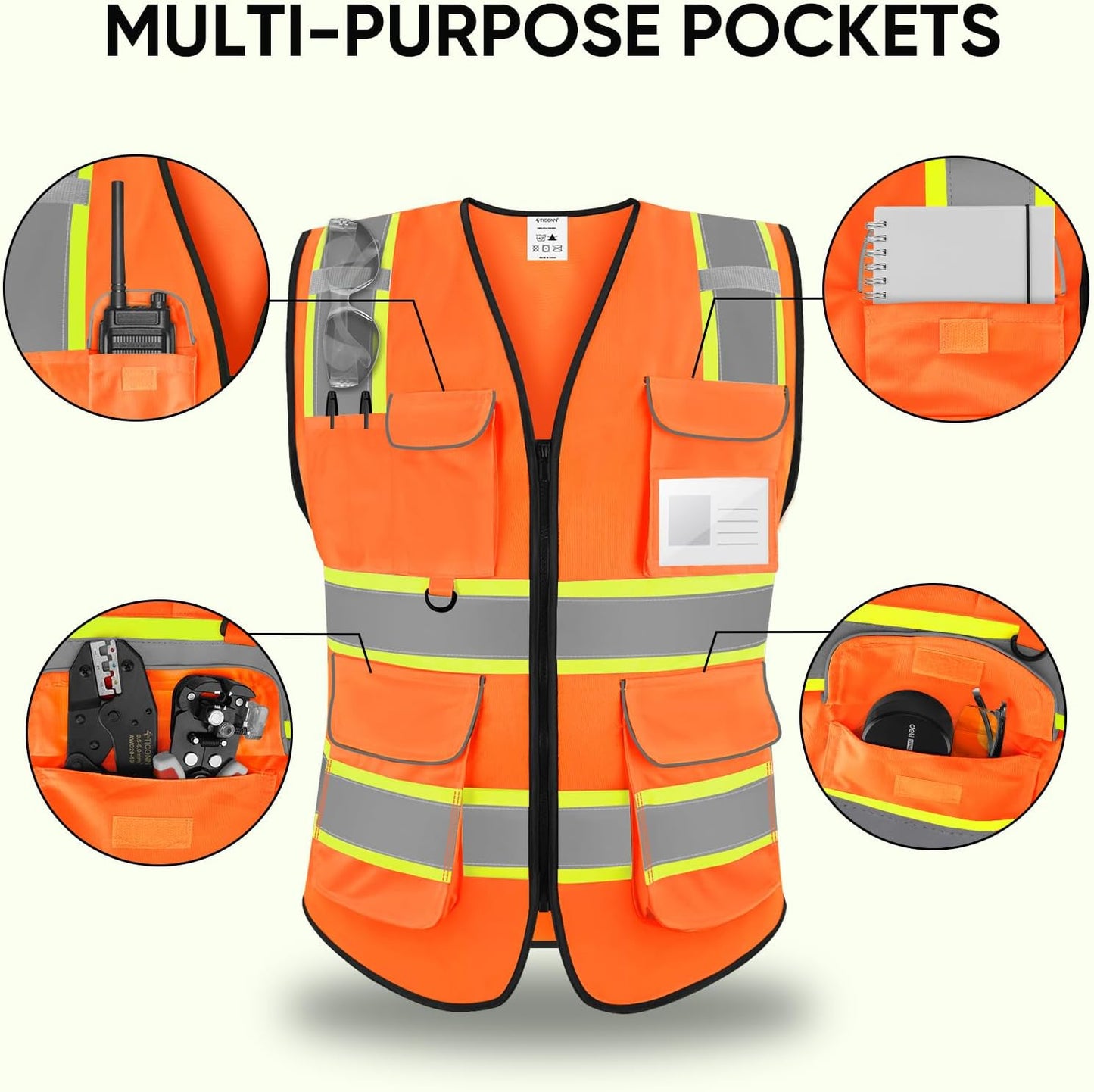 TICONN Reflective Safety Vest High Visibility Class II Mesh Vest for Women & Men Meets ANSI Standards