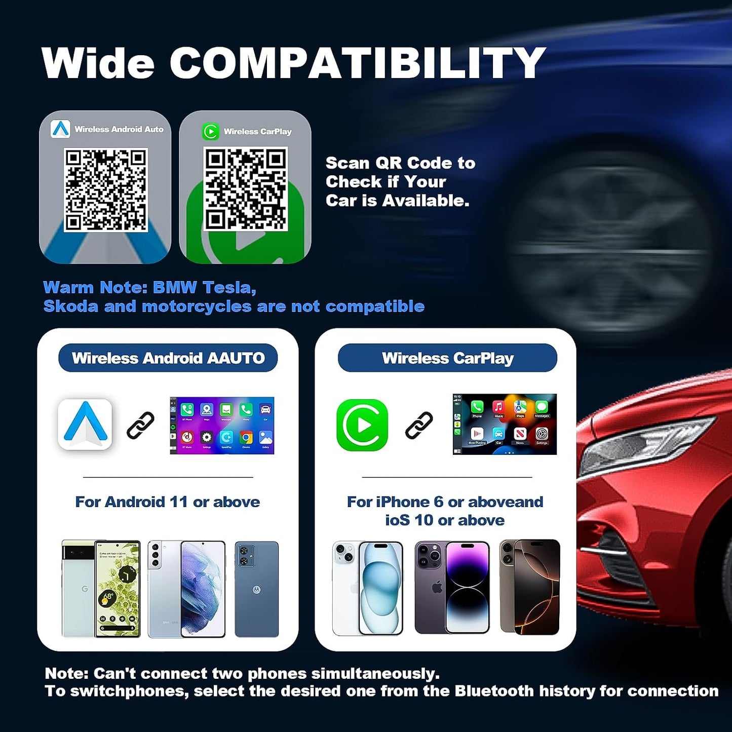 2 in 1 Mini Android Auto and Wireless CarPlay Adapter Convert Factory Wired to Wireless Dongle, Compact Size USB CarPlay Wireless Stick AAndroid Auto Adapter for iOS 12+/Android No Delay