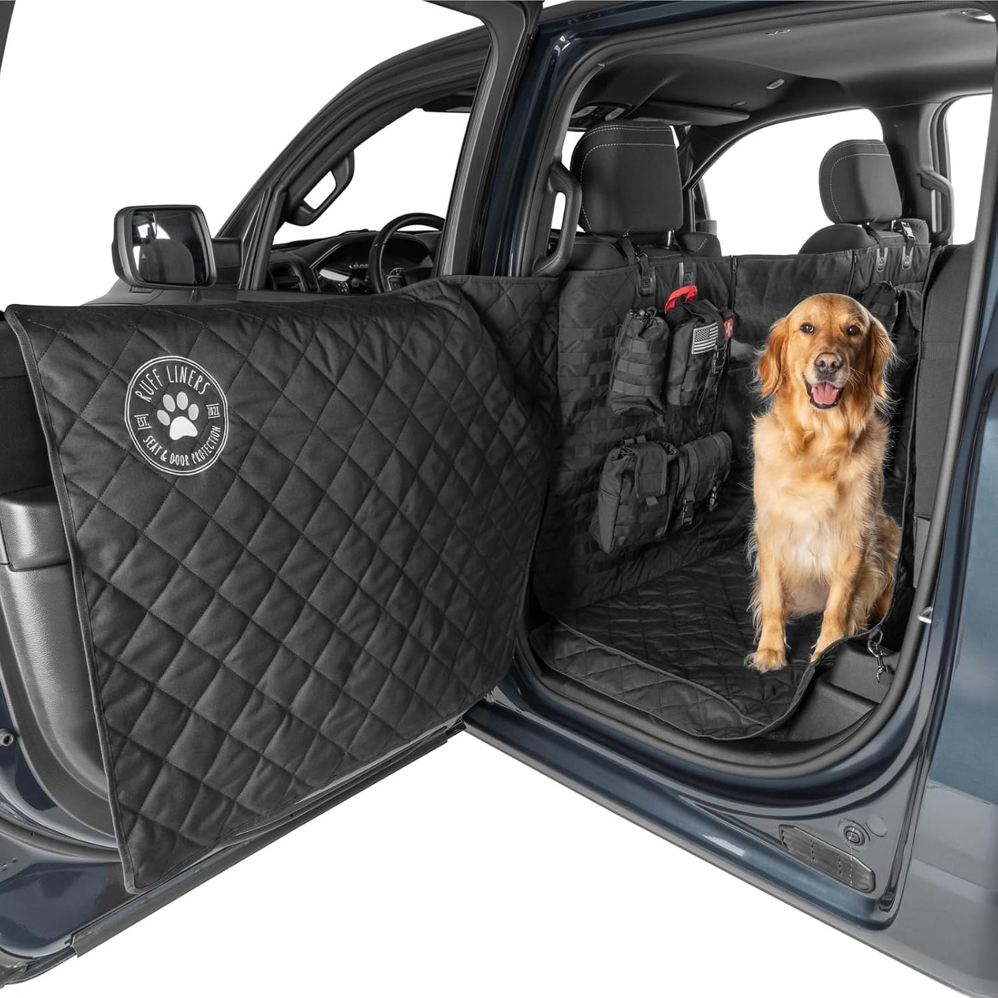 Ruff Liners XL Floor Cover with Door Protection, Black – As Seen on Shark Tank – Fits Full Size Crew Cab Trucks with Fold Up Seats, Waterproof & Machine Washable – Sturdy XL Dog Hammock for Truck