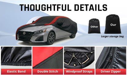 Car Cover Waterproof All Weather Protection with Red Stripe Design, Universal Fit Toyota Camry Solara, Ford Fusion, Kia Stinger Optima, Nissan Maxima, VW Passat, Subaru Legcy