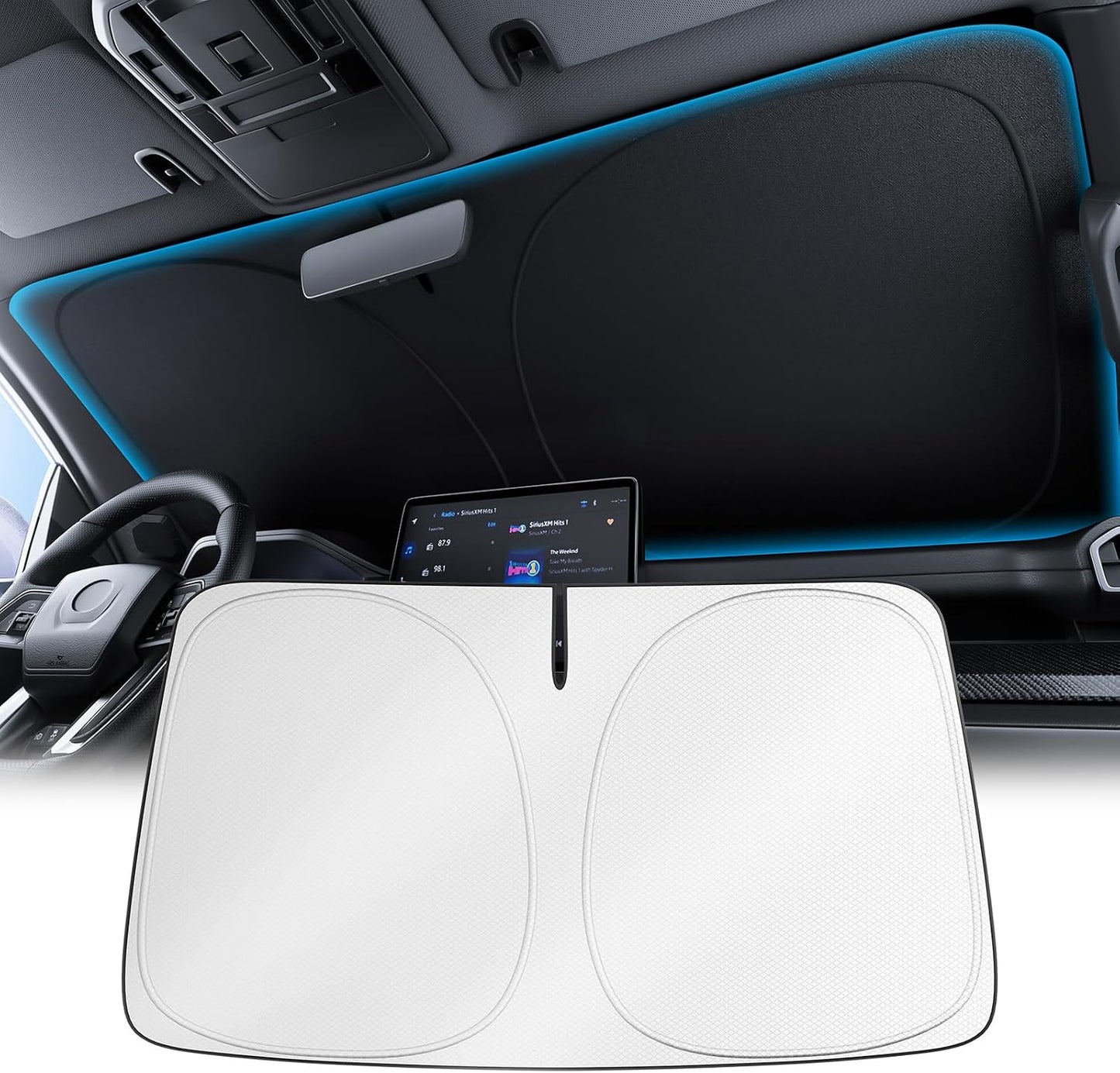 Wigoo Tesla New Model Y Accessories Windshield Sunshade [OEM Design, 100% Sun Blockage] Foldable Heat Insulation Sunshade with Storage Bag, for Model Y 2020~2026 (Juniper), Silver Coating - Colors A