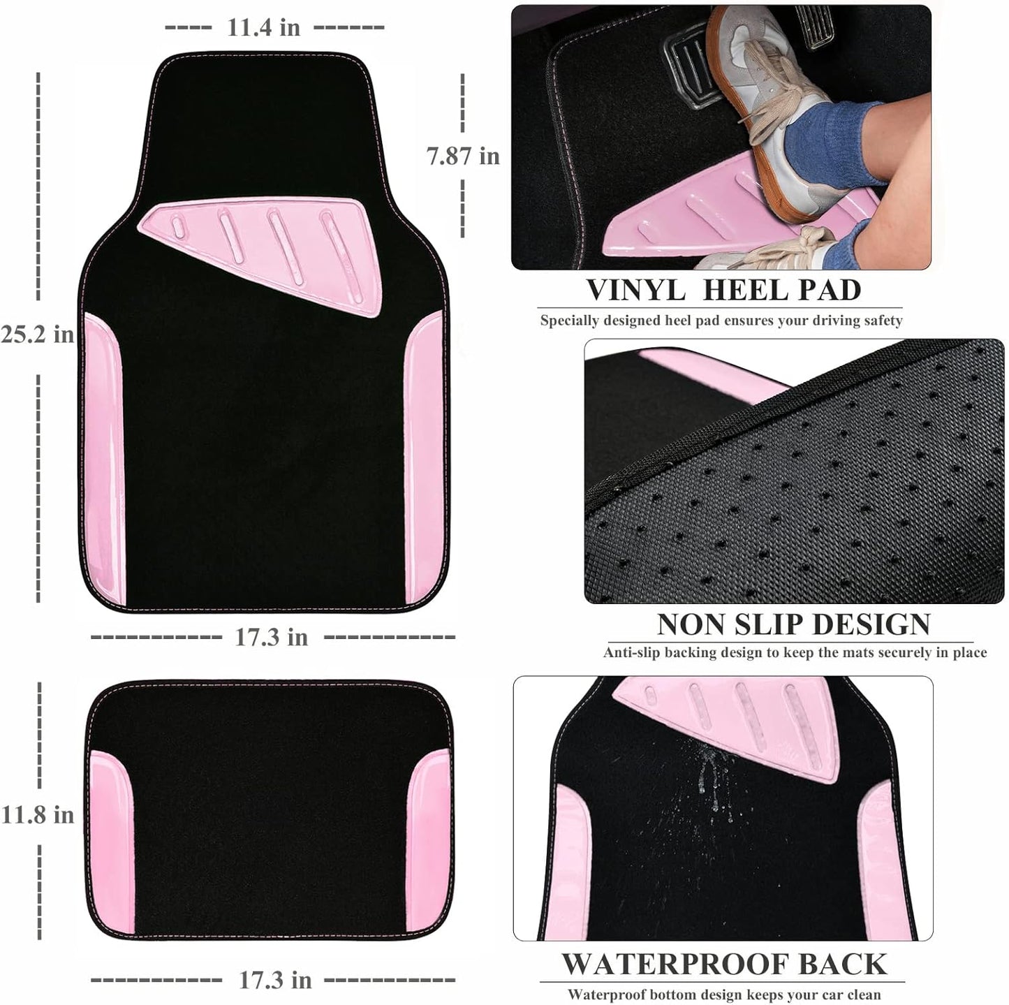 CAR PASS Waterproof Universal Fit Car Floor Mats, Faux Leather Car Carpet Mats, Black Car Mats with Anti-Slip Nibbs Backing & Driver Heel Pad Fit for SUV,Vans,sedans, Trucks,Set of 4pcs(All Black)