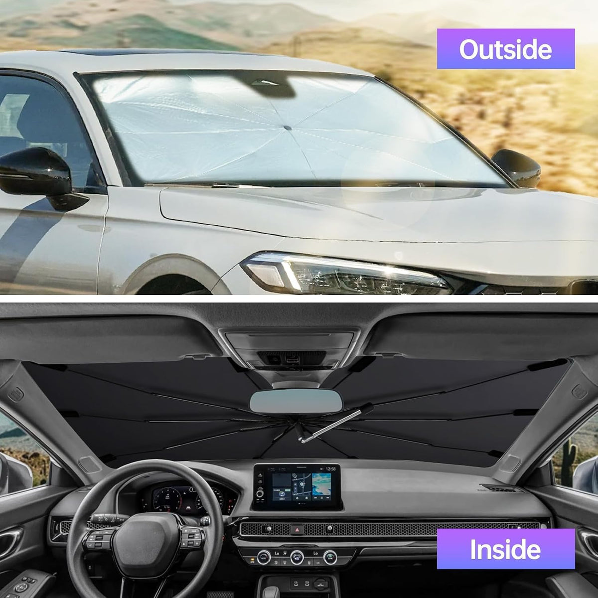 2026 Windshield Sun Shade Umbrella, Foldable Car Umbrella Sunshade with UV Block Car Front Window (Heat Insulation Protection) for Auto Windshield Covers Blackout Trucks Cars (Large)