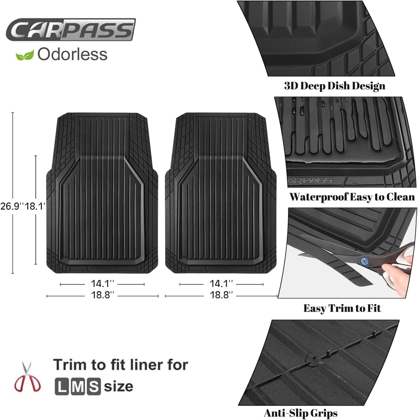 CAR PASS Heavy Duty Rubber Floor Mats for Car, Waterproof Liner Deep Dish Car Mats Full Sets, Universal Trim to Fit for SUV Truck Sedans Vans, All Weather Automotive Floor Mats 3pcs, Solid Black