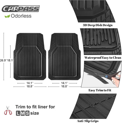 CAR PASS Heavy Duty Rubber Floor Mats for Car, Waterproof Liner Deep Dish Car Mats Full Sets, Universal Trim to Fit for SUV Truck Sedans Vans, All Weather Automotive Floor Mats 3pcs, Solid Black