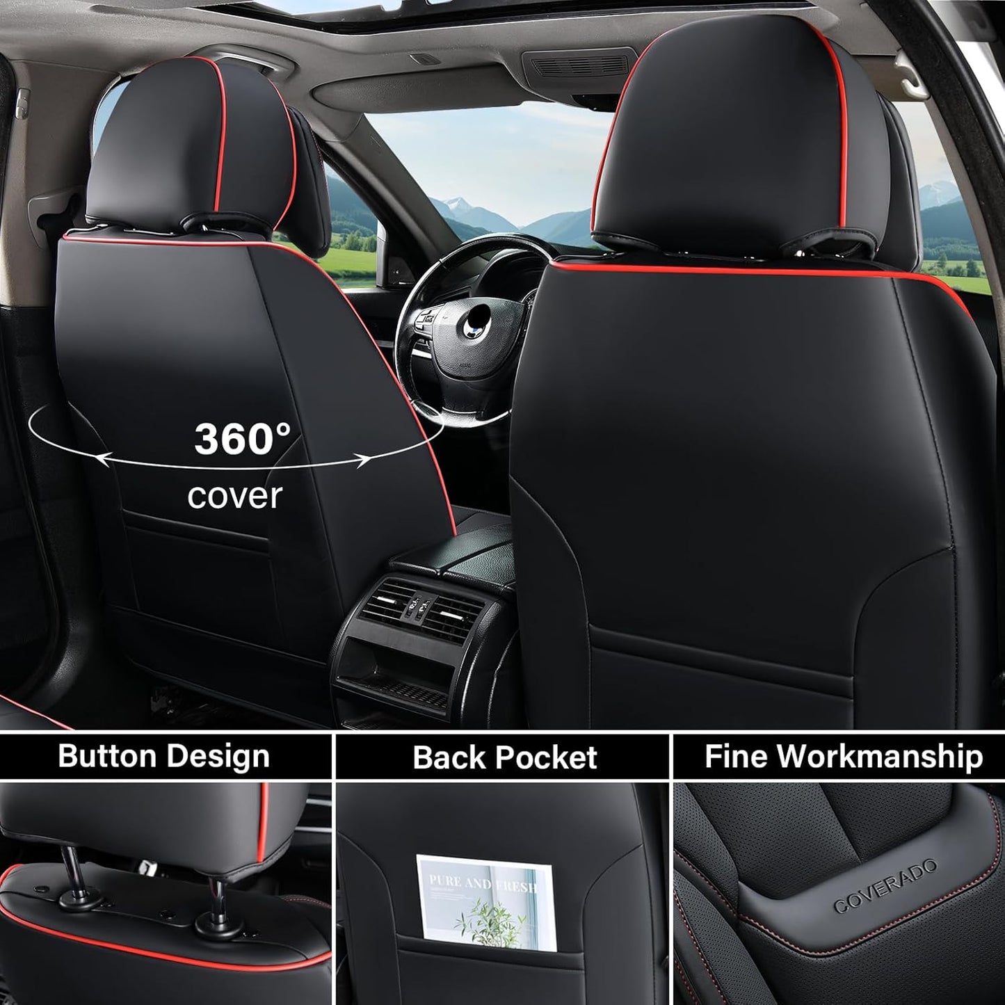 Coverado Seat Covers Full Set, Black Seat Covers for Cars 5 Seats, Car Seat Protector, Waterproof Nappa Leather Car Seat Cushion, Front and Rear Car Seat Cover Fit for Most Sedans SUV Pick-up Truck - Colors A