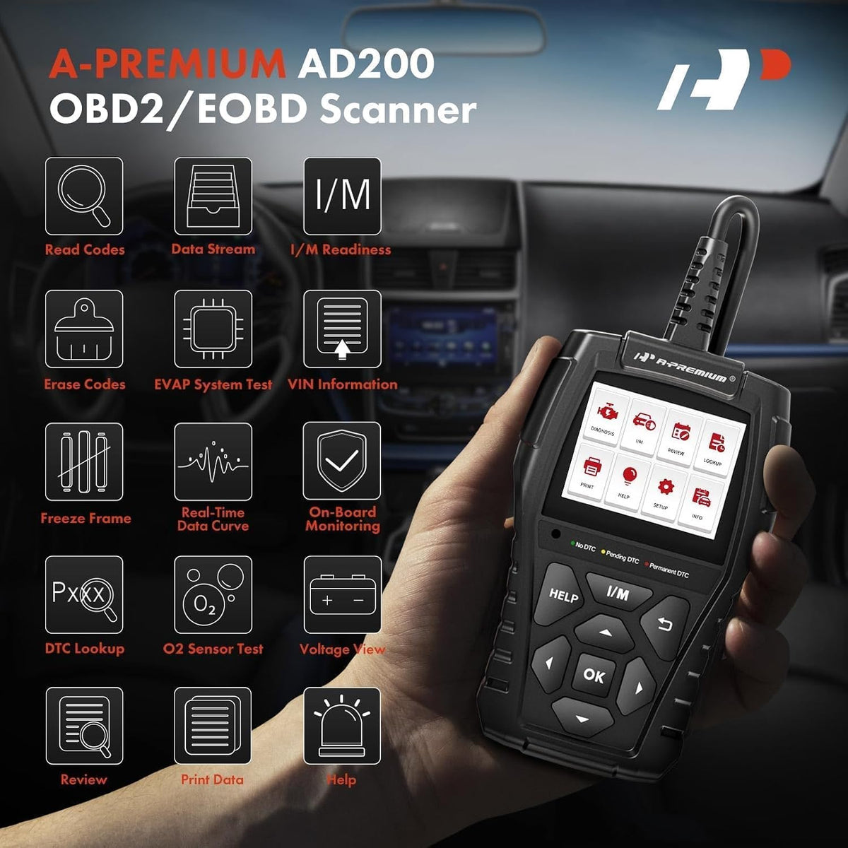 A-Premium AD200 Professional OBD2 Scanner Car Diagnostic Tool, OBDII EOBD Code Reader, Enhanced Check Car Engine Light Diagnostic Scan Tool, Upgraded Fault Code Scanner for All Vehicles from 1996