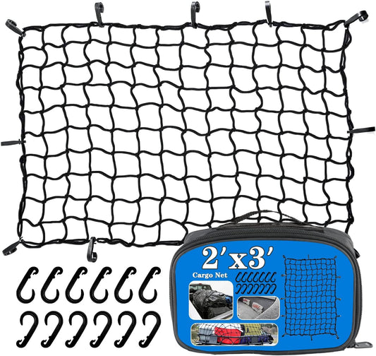 Cargo Net 4' x6' Stretches to 8' x 12' Truck Cargo Net for Pickup Truck Bed- Small 4"x4" Mesh Grid Super Duty Bungee Heavy Duty Bed Netting with 12 Adjustable Metal Carabiners by Cenipar