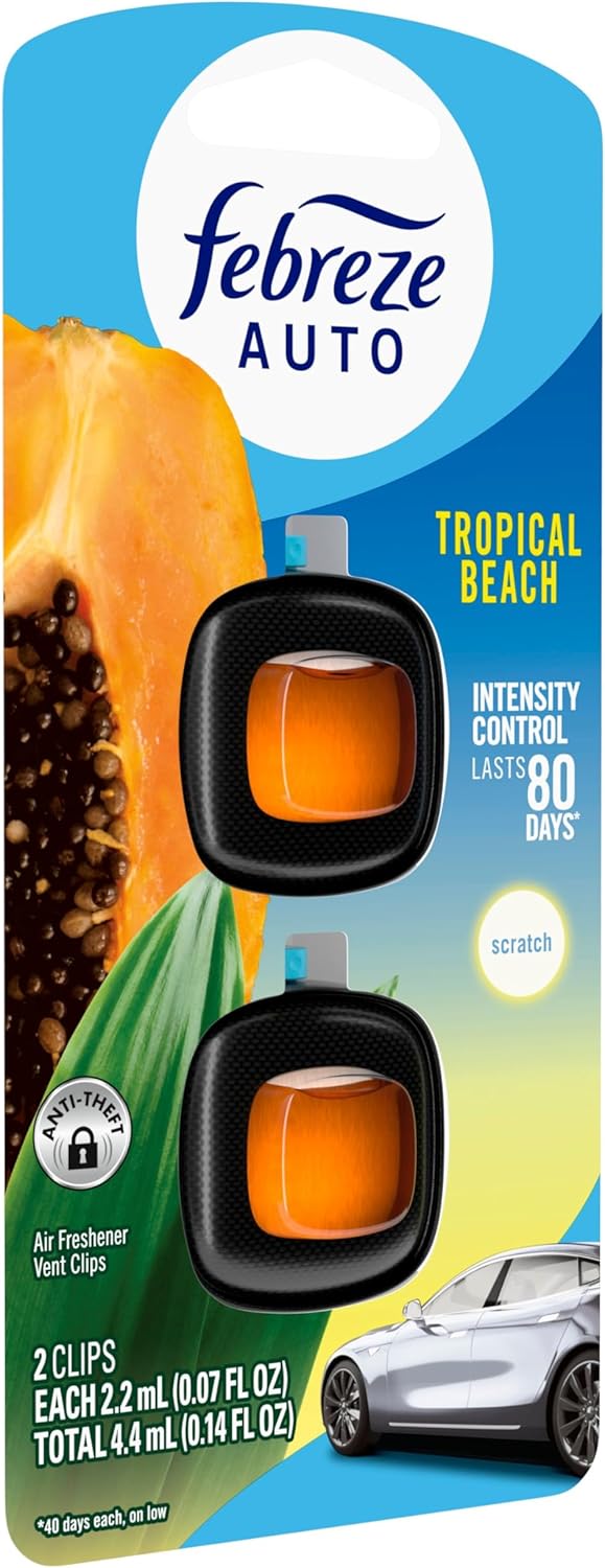 Febreze AUTO Air Freshener, Odor-Fighting Automotive Vent Clip, Scented Car Accessories, Long Lasting for Strong Odors, Tropical Beach Scent, 2 Count