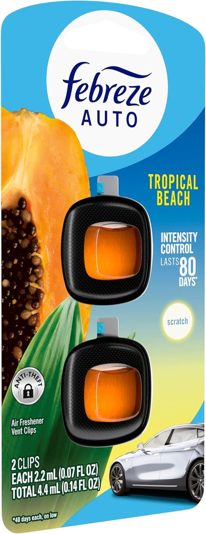 Febreze AUTO Air Freshener, Odor-Fighting Automotive Vent Clip, Scented Car Accessories, Long Lasting for Strong Odors, Tropical Beach Scent, 2 Count
