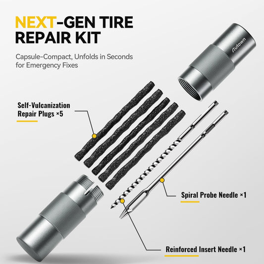 AUTOWN Compact Tire Repair Kit with Plugs Fix Punctures & Plug Flats with Ease - Capsule Style Flat Tire Puncture Repair Kit for Motorcycle, Car, ATV, UTV, Mountain Bike, Etc