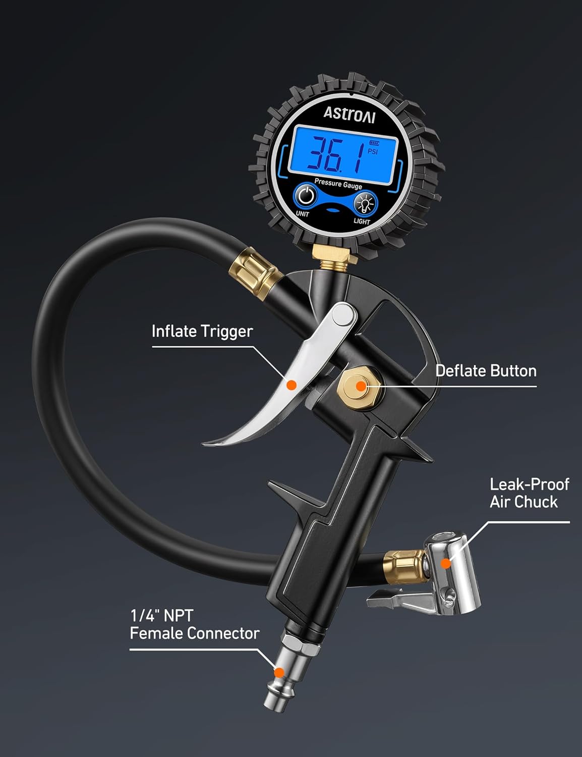 AstroAI Digital Tire Pressure Gauge with Inflator, 3-250 PSI Air Chuck & Compressor Accessories Heavy Duty with Quick Connect Coupler, 0.1 Display Resolution, 1Pack Standard
