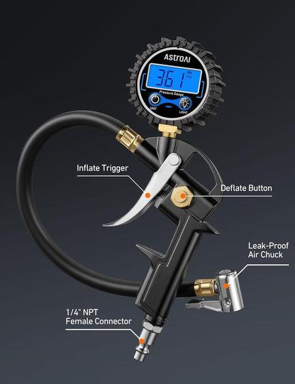 AstroAI Digital Tire Pressure Gauge with Inflator, 3-250 PSI Air Chuck & Compressor Accessories Heavy Duty with Quick Connect Coupler, 0.1 Display Resolution, 1Pack Standard