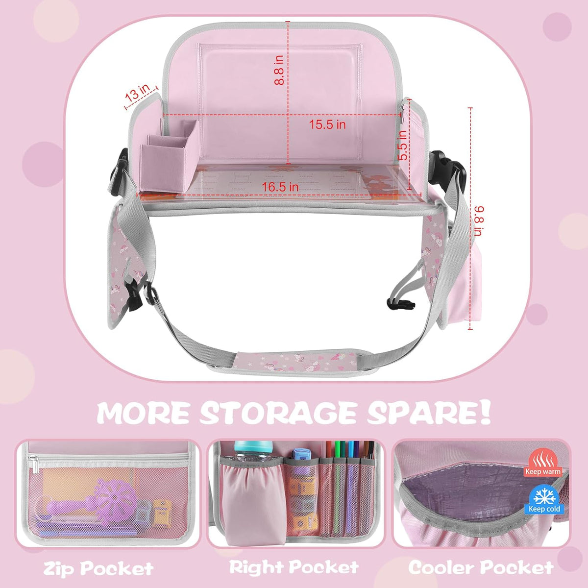 MENZOKE Kids Travel Tray for Toddler Car Seat, Road Trip Activities for Kids with iPad Holder Stand & Dry Erase Board, Road Trip Essentials Accessories Lap Tray as Travel Gifts for Kid, Pink