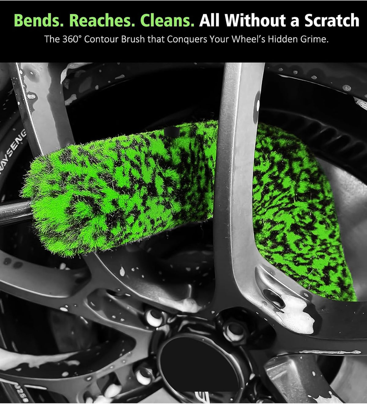 YeewayVeh 3PCS Quick Car Wheel Brush Kit, 2-Size 360° Bendale Rim Cleaner Brushes, Boars Hair Detailing Brush, Fast Scratch-Free Cleaning for Car Wheels, Motorcycle, Green