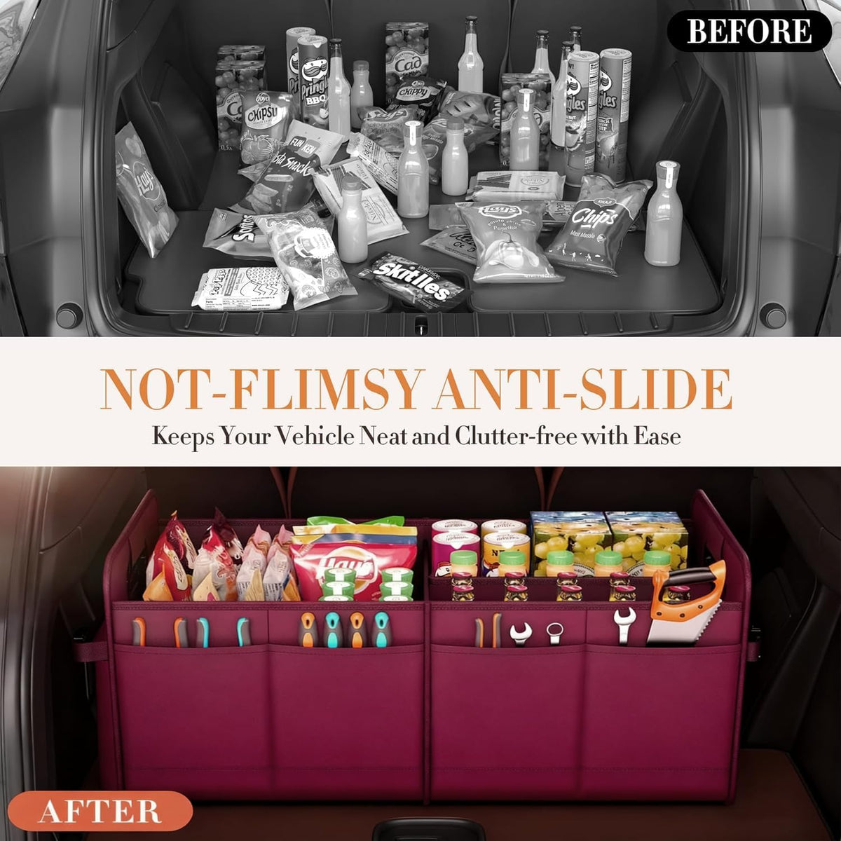 titiyiof Trunk Organizer For Suv & Sedan,Car Organizers and Storage, Waterproof Collapsible & Adjustable Straps,Sturdy Car Organization for Car Accessories, Tools,Food，Sundries,2-3 Compartment（Beige）