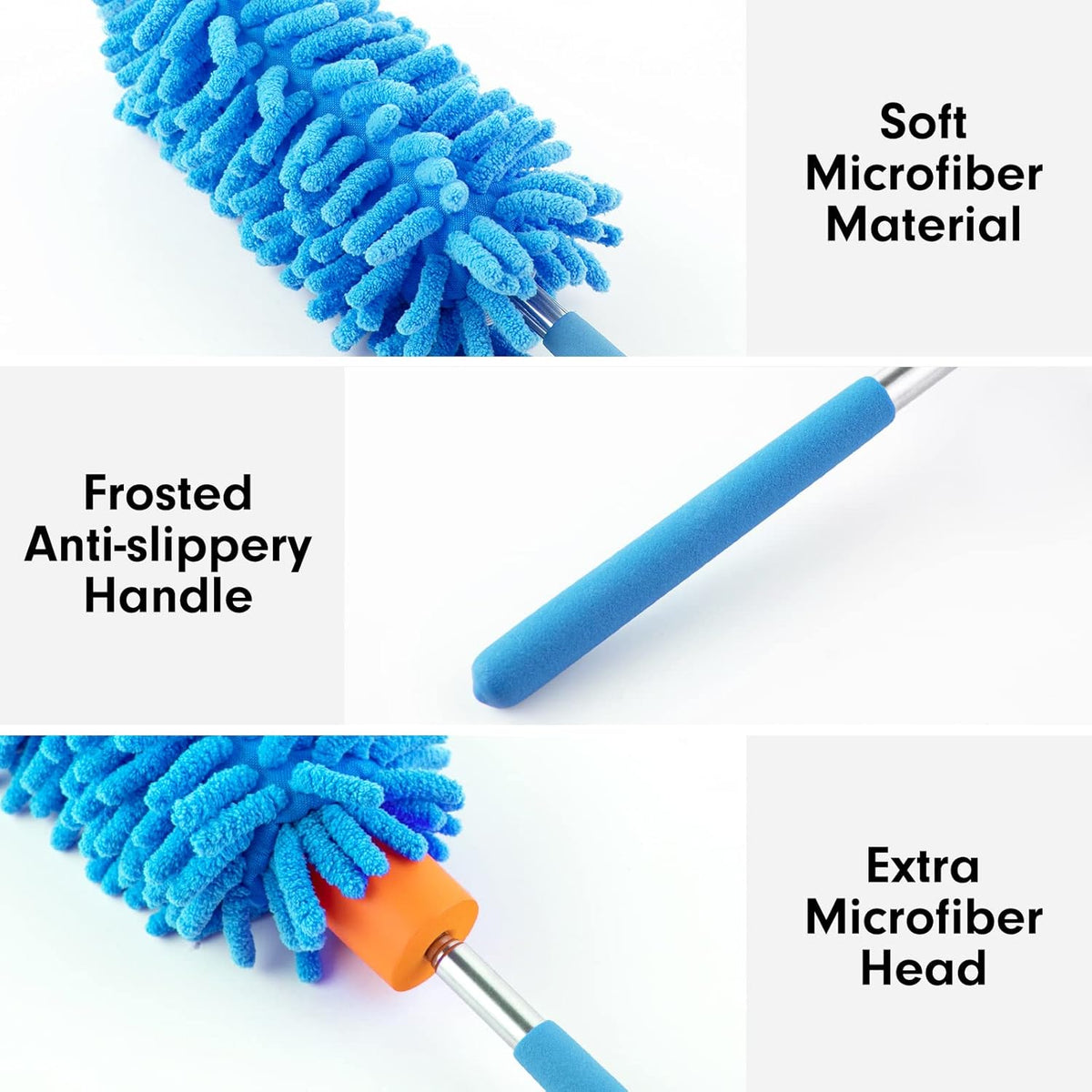 Microfiber Duster for Cleaning, Tukuos Hand Washable Dusters with 2pcs Replaceable Microfiber Head, Extendable Pole, Detachable Cleaning Supplies for Office, Car, Window, Furniture, Ceiling Fan