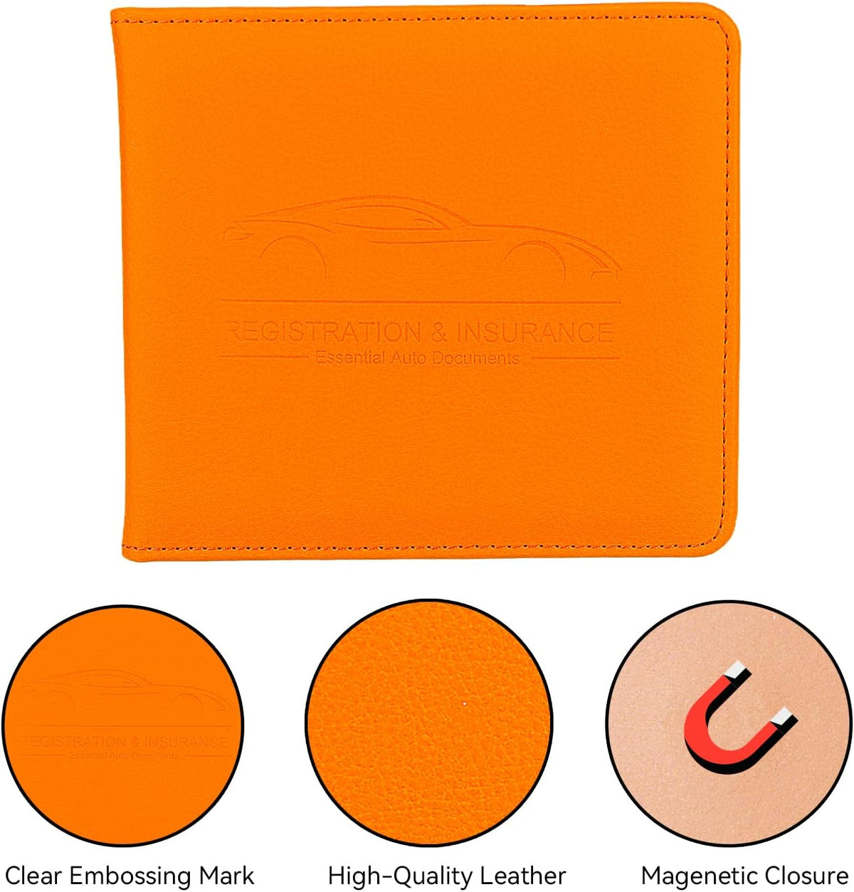 Car Registration and Insurance Holder, Premium Pu Leather Vehicle Glove Box Organizer - for Driver License, Cards & Essential Documents (L-Orange)
