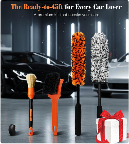 YeewayVeh 3PCS Quick Car Wheel Brush Kit, 2-Size 360° Bendale Rim Cleaner Brushes, Boars Hair Detailing Brush, Fast Scratch-Free Cleaning for Car Wheels, Motorcycle, Orange