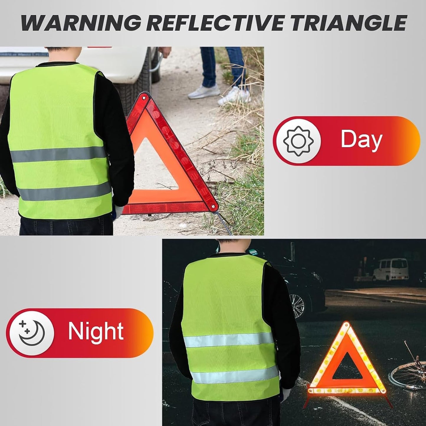 DASBET 2 Pack Emergency Warning Triangles with 1 Pack Reflective Vest, Reflective Roadside Safety Triangles with Storage Case, Foldable Warning Triangle for Vehicles Breakdown