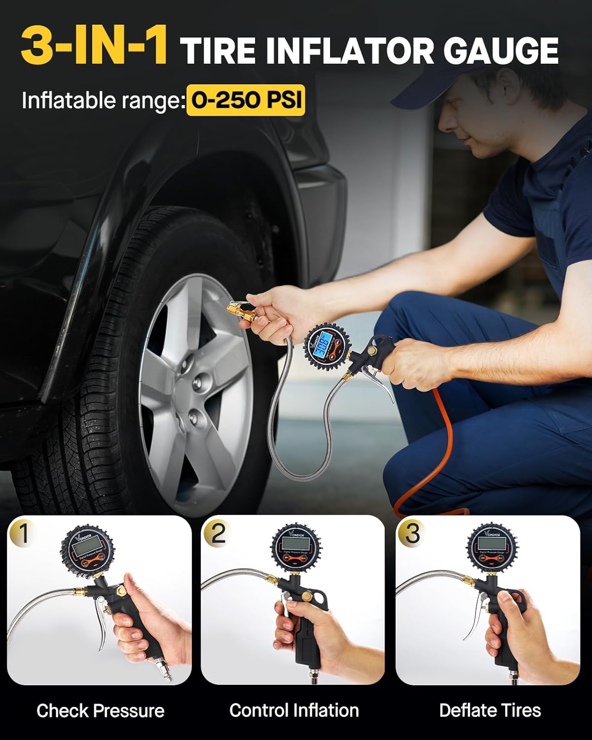Tire Pressure Gauge - (0-60 PSI) Heavy Duty, Certified ANSI Accurate with Large 2 Inch Easy to Read Glow Dial, Low - High Air Pressure Gauge. Tire Gauge for Car and Trucks Tires by Vondior