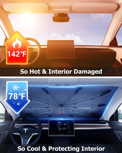 DMJN Umbrella Windshield Sun Shade - Medium, Car Sunshade for Front Windshield [Nano Ice-Crystal Coatings] UPF50+ Heat & UV Block, Protect Interior & Keep Cooler Universal for Car, SUV, Truck