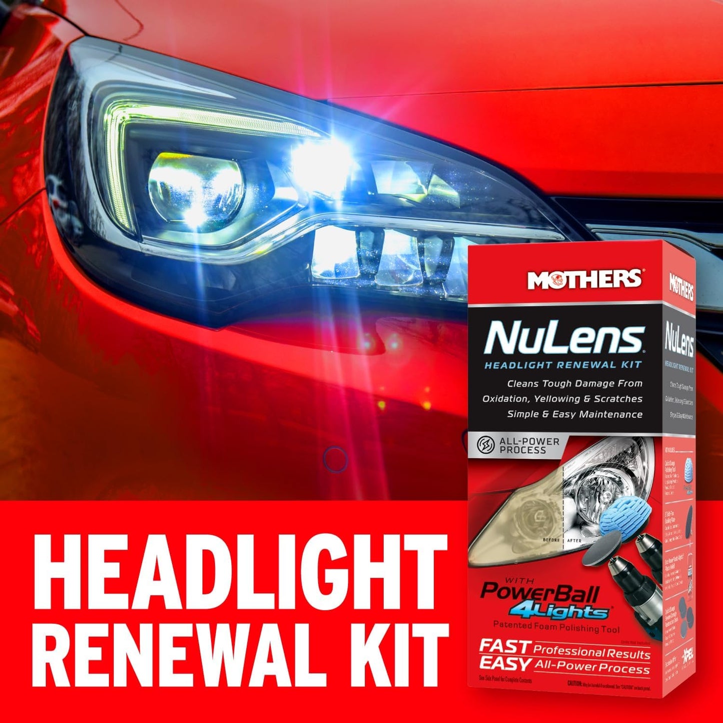 Mothers NuLens Headlight Renewal Kit — Quickly Restores & Maintains Clarity on All Headlight Types – Includes PowerPlastic 4Lights Polish, 8 oz. with Protective, Oxidation-Inhibiting Polymers (07251)