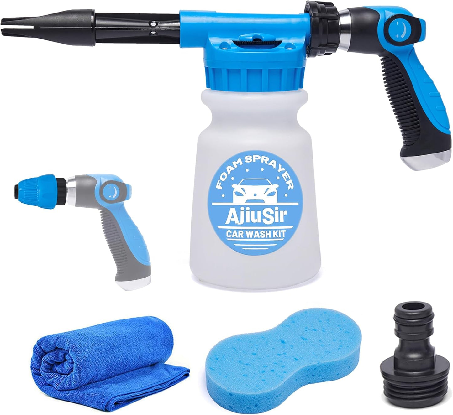 Foam Gun Car Wash Sprayer + Washing Sponge & Absorbent Towel, Hose Nozzle Foam Cannon Car Washing Kit, for Garden Cleaning, Pet Showering (Blue)